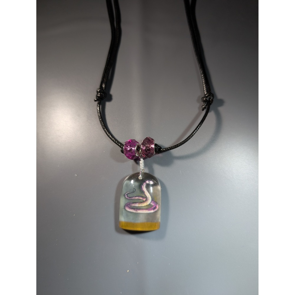 Handmade Resin Snake Pendant Necklace Adjustable Black Cord Purple Beads Gothic